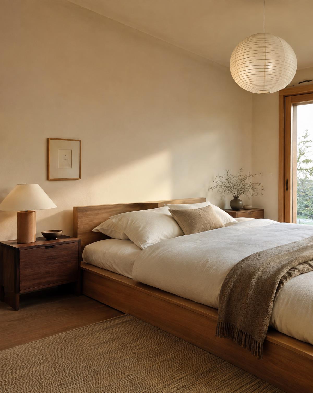 Concept: serene Japandi bedroom in warm light