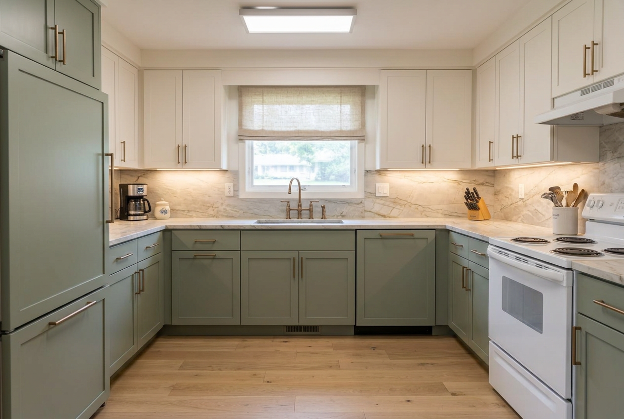 Proposed redesign: A 1990s kitchen, refreshed without moving a wall. Concept demonstration — not a completed client project
